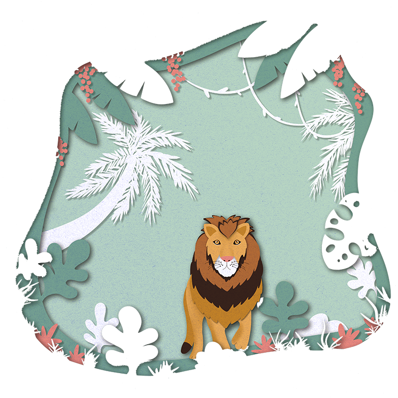 NOU Agence de communication à Lyon Illustration digitale personnalisée Style papercut / papier découpé Thématique lion dans la jungle